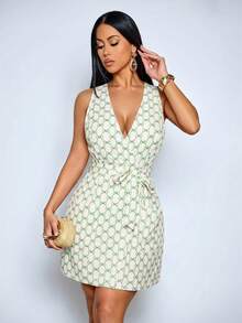 SOLERSUN Women's Vintage All-Over Print Sleeveless Tie-Back Waist Cinching Mini Dress, Elegant For Everyday, Dates, Afternoon Tea, Gatherings, Graduation, Commute, Office, Vacation Mint Green Dresses For Women - Green - View 6