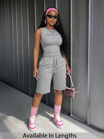 SHEIN PETITE CURVE Plus Size Grey 2 Piece Set Casual Two Pieces Set 2pc Short Sets For Women New Early Spring, Spring And Summer Music Festival, Valentine's Day, Casual And Simple Basic Style, Y2K, Street Sweet, Internet Famous, Daily Date, Hot Girl Style, Sexy Casual And Simple Home Wear, Sportswear, Round-Neck Sleeveless, Milan Slogan Logo Printed, Side-Pleated Short Vest + Wide-Leg Shorts, Five-Inch Pants, Gray Sweatpants, Shorts, Knitted Set, Women's Two Pieces Set