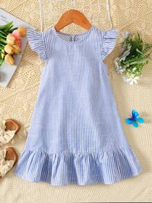 SHEIN Đầm chữ A đuôi cá sọc xanh dương cho bé gái, kiểu dáng thường ngày, thời trang, đa năng, phù hợp cho tiệc tùng, dã ngoại, chụp ảnh cùng chị em, công viên, cắm trại, kỳ nghỉ, thư giãn hàng ngày. - Màu xanh lam - Xem 5