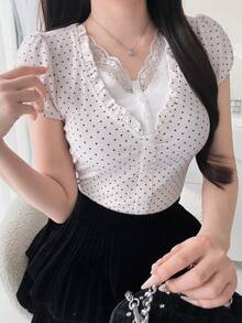 DAZY 女款夏季休閒對比蕾絲波點印花短袖T恤 - 米色 - 查看 7