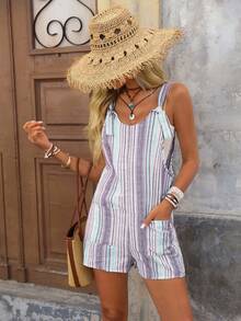 Brillora Women's Casual Striped Adjustable Strap Romper - Purple - View 7