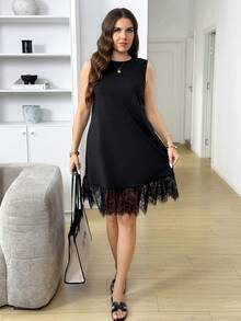 Easowa Curve Plus Size Women Solid Color Contrast Lace Sleeveless Dress Holiday Black Summer Elegant Wedding Guest - Black - View 4