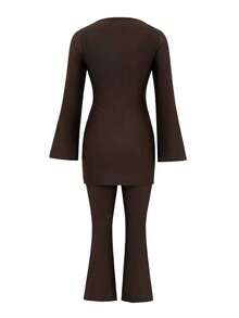 SHEIN Swim 女士新款保守布基尼泳装，纯色修身休闲中东度假风长袖长裤两件套泳装 - 棕色 - 查看 7