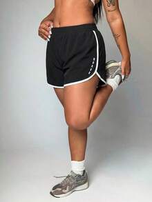 SHEIN Rhythm Era Plus Size Women's Summer Color Block Elastic Waistband 2-In-1 Sports Shorts - Black - View 3