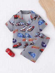2pcs/Set Young BoyLightweight Casual Comfortable Soft Knit Flame Retardant Fabric Short Sleeve Top With Cartoon Car Print & Shorts Pajama Set, Summer - Grey - View 4