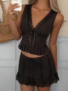 SHEIN EZwear 女士蕾丝拼接V领无袖上衣和半裙套装（2件套），咖啡棕色，夏季 - 咖啡棕 - 查看 6