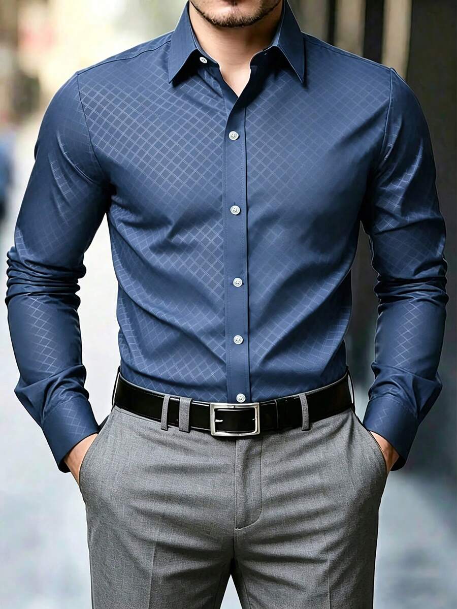 Manfinity Homme 男士休闲纯色长袖衬衫 - 藍色 - 查看 1