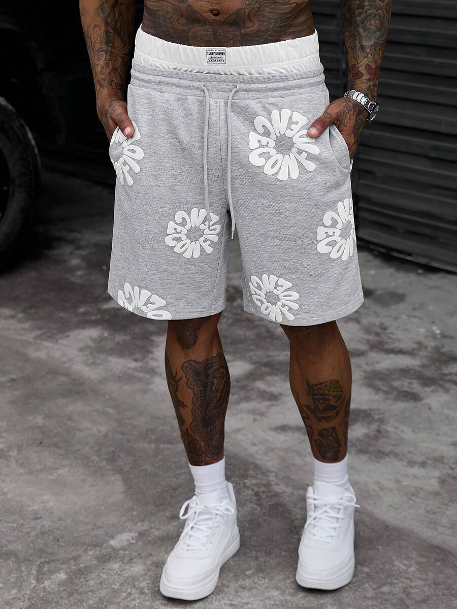 SLATEMANN Men's Casual Letter Patchwork Drawstring Waist Shorts - Grey - View 1