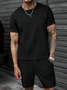 SLATEMANN Men's Black Summer Casual Vacation Set,Snowflake Fleece Fabric Short Sleeve Round Neck T-Shirt & Elastic Waist Drawstring Shorts,Comfortable Versatile - Black - View 3