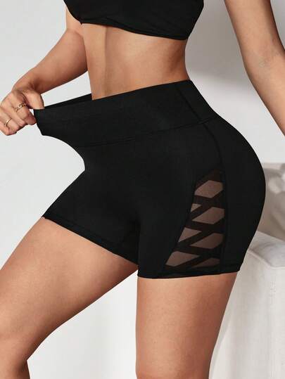 Slayform Pantalones cortos deportivos de verano de cintura alta elástica con parches de malla de unicolor