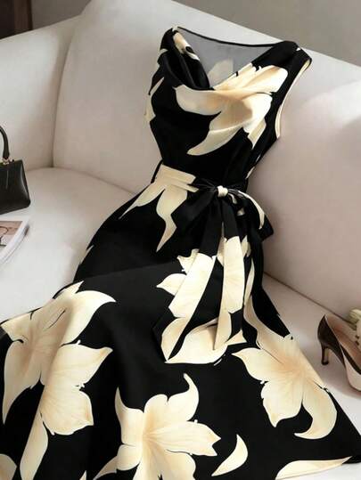 SHEIN PETITE Black Floral Print Cinched Waist Mid-Length Dress, Elegant Summer Vacation Outfit, Chic Party Wear