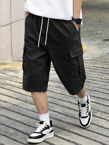 Manfinity Hypemode Pantalones cortos de carga informales para hombre de unicolor con cordón y bolsillos, perfectos para el verano - Negro - Ver 4