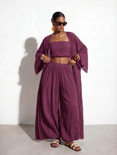 Zivah 2026 New Elegant Bohemian Beach Resort Sheer Chiffon Printed 3 Pieces Set, Includes Palazzo Pants, And Kimono, Suitable For Vacation And Leisure