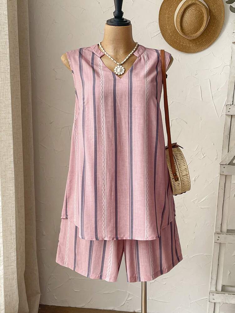 Plus Size Women V-Neck Striped Top And Shorts Casual 2 Piece Set Summer Summer Outfit For Women Festival Outfits For Women Beach Outfits For Women Vacation Outfits Women Holiday Outfits  For Women Country Concert Outfit Casual Sets For Women