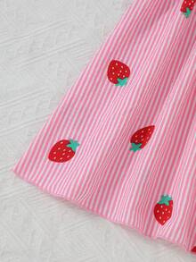 SHEIN Girls' Strawberry Print Sleeveless Dress,Pastel Pink Pink & White Striped Pattern,Summer Beach Holiday Sweet & Lively For Spring/Summer Outings - Pink - View 5