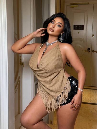 NU&NOW Plus Size Women's Summer Sexy Fashion Street Vacation Style Solid Color Textured Fabric Drape Neck Backless Tie Front Camisole