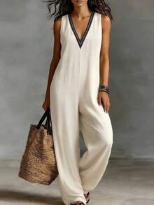 SHEIN Holidaya Bộ áo liền quần không tay cổ chữ V dành cho nữ, kiểu dáng thường ngày, thích hợp cho mùa hè. - Màu be - Xem 4