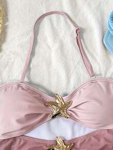 SHEIN Tween Girl Pink Color Metal Starfish Deco Halter One-Piece Swimsuit,Summer Vacation Beach Wear,Swimwear,For&Holiday Outfit - Pink - View 3