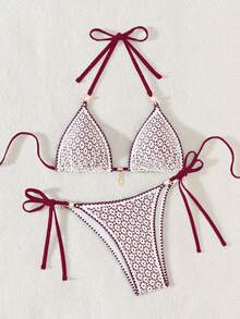 Swim Vcay Bolso triangular sexy con decoración de perlas y flor de concha de unicolor y tejido calado para mujer - Burdeos - Ver 6