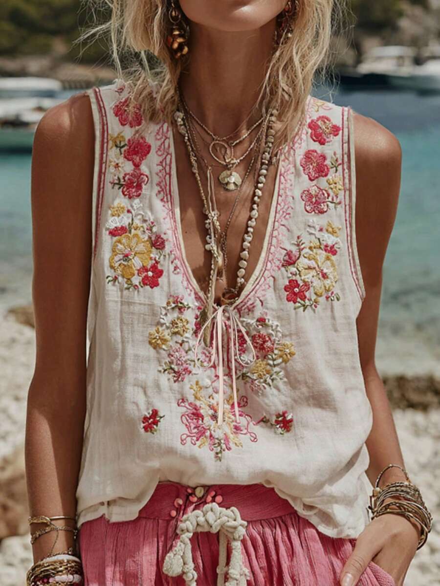 Balvessa Áo tank top nữ in hoa, kiểu dáng thường ngày, thắt nút phía trước, thích hợp cho kỳ nghỉ. - Nhiều màu - Xem 1