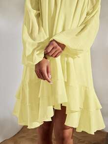 Opulessa Women's Solid Color Woven Casual Mini Dress, Spring/Summer,Wedding Guest Dress Women - Light Yellow - View 5