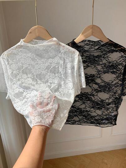 Comfortcana Áo kiểu nữ tay ngắn ren xuyên thấu màu trơn gợi cảm