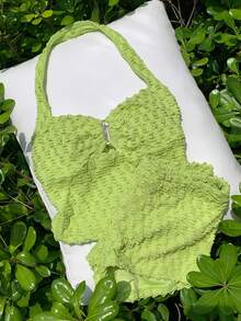 Comfortcana Solid Color Backless Halter Top And Super Short Shorts Set, Spring/Summer Golf White Sexy - Green - View 7