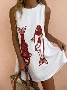 Vaclyn 女士休闲度假鱼纹印花无袖连衣裙 - 杏色 - 查看 3