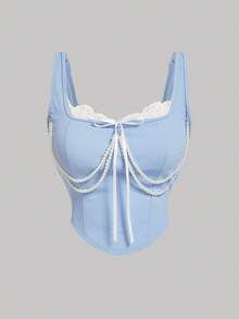 SHEIN MOD Plus Size Women's Lace Bow Chain Decor Detachable Tank Top, Back To School, For Summer - Baby Blue - View 1