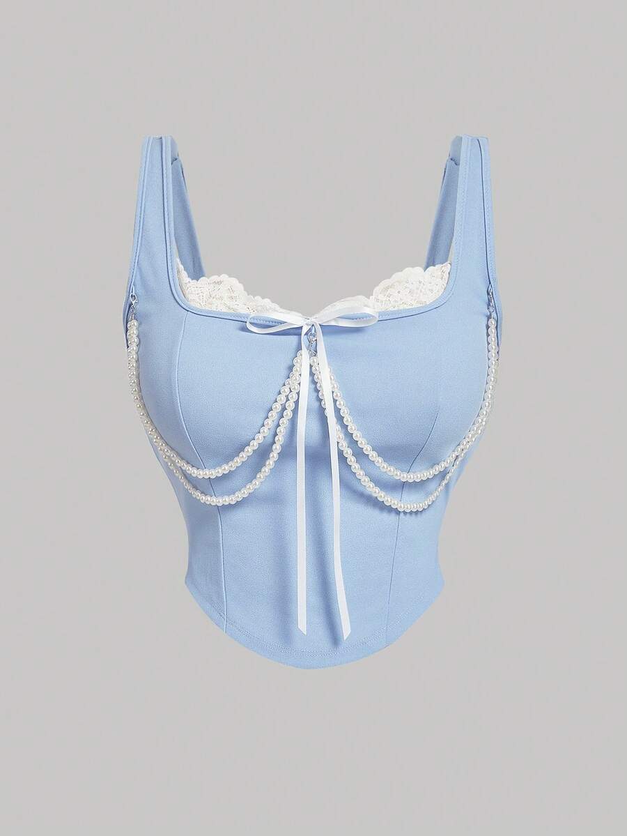 SHEIN MOD Plus Size Women's Lace Bow Chain Decor Detachable Tank Top, Back To School, For Summer - Baby Blue - View 1