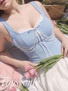 SHEIN MOD Plus Size Women's Lace Bow Chain Decor Detachable Tank Top, Back To School, For Summer - Baby Blue - View 5