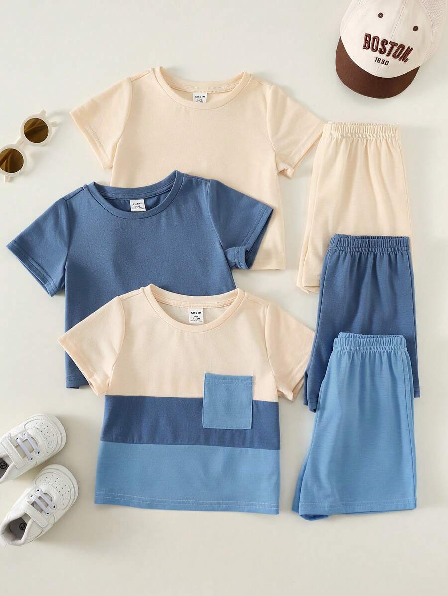 SHEIN 6pcs/Set Baby Boys/Girls Cute Solid Color & Contrast Color Short Sleeve T-Shirt And Elastic Waist Shorts Basic Outfit Set, Spring/Summer - Multicolor - View 1
