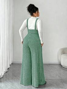 SHEIN Tall CURVE 大码女式格子口袋休闲百搭日常背带裤阔腿裤 - 墨綠色 - 查看 2