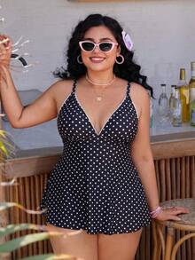 Swim Mod Conjunto de ropa de playa para mujer de talla grande con blusa de escote en V profundo con volantes y estampado de lunares, combinada con pantalones rectos, silueta favorecedora - Blanco y Negro - Ver 5