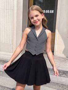 Firerie Kids Firerie Kids Áo vest không tay cổ ve màu xám dáng casual dành cho bé gái tuổi teen - Xám - Xem 9