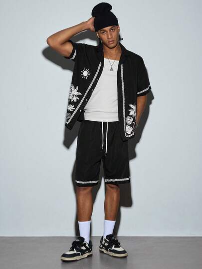 Modcrash Men's Casual Loose Suit Set, Short Sleeve Full-Zip 5-Button Graphic Print Top And Shorts, Two Pieces Outfit, Vacation Relaxed Style, Fashion Minimalist Design, Essential Men's Set