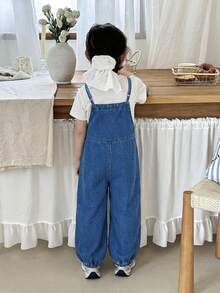 Young Girl' Blue Denim Loose Jumpsuit With Adjustable Straps - Medium Wash - View 2