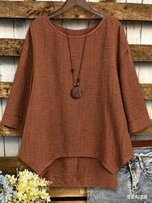EMERY ROSE Plus Size Women's Solid Color Round Neck Casual Versatile Daily Wear Shirt - Brown - View 1