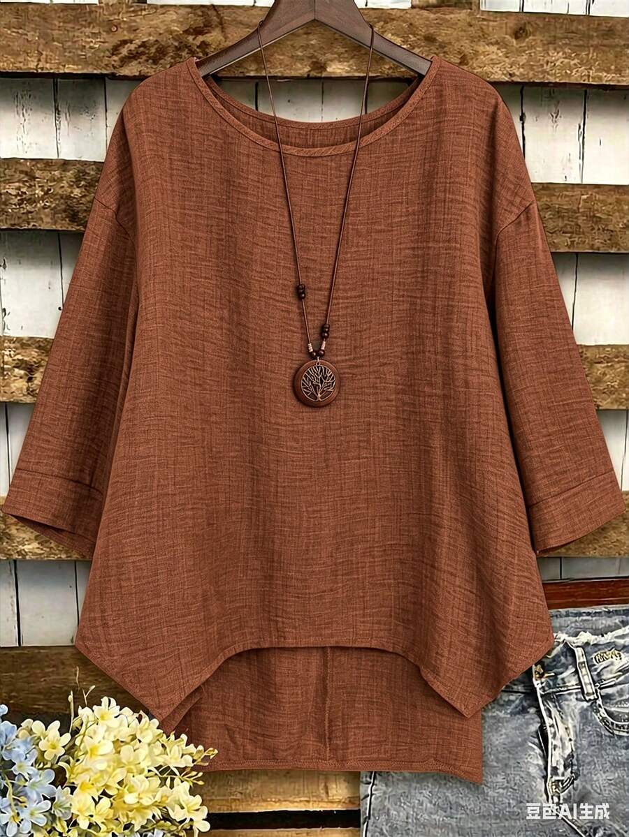 EMERY ROSE Plus Size Women's Solid Color Round Neck Casual Versatile Daily Wear Shirt - Brown - View 1