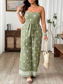 SHEIN LUNE CURVE Combinaison élégante et décontractée pour grandes tailles en tissu texturé à faux motif brodé, convient pour les sorties, les vacances, la plage - Vert - Voir 5