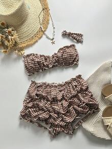 Swim Mod Conjunto de traje de baño sexy para mujer con parte superior de tirantes finos con estampado de lunares y espalda descubierta, y Bottom con volantes, para primavera/verano, atuendo de playa - Multicolor - Ver 2