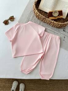 SHEIN 女嬰 2件組/套 粉色夏季休閒度假套裝 短澎澎袖圓領刺繡上衣&條紋裝飾長褲運動套裝 - 粉色 - 查看 3