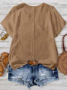 SHEIN LUNE CURVE Áo kiểu nữ cỡ lớn, màu trơn, phối ren, tay ngắn, cổ chữ V. - màu nâu - Xem 2
