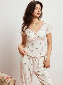 Elorette Conjunto de pijama casual y lindo con cuello de patrón de tulipán, empalmado y ribete de volantes - Blanco - Ver 5