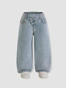 SHEIN Quần jeans ống đứng cạp cao, túi phẳng, phong cách đường phố Y2K, dành cho bé gái, thích hợp mặc hàng ngày. - Rửa nhẹ - Xem 3