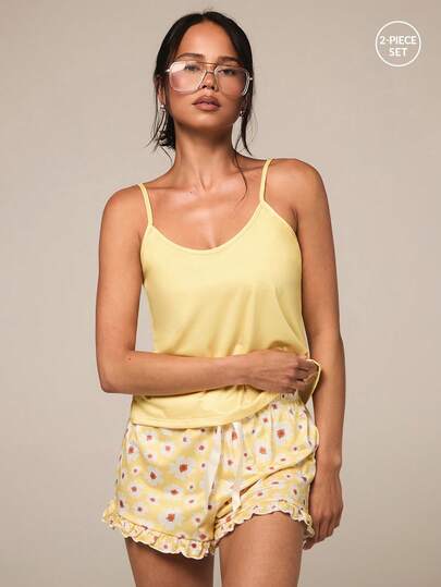 Athîral Của phụ nữ Màu thuần Áo ba lỗ & Hình hoa Quần short Bộ mặc nhà