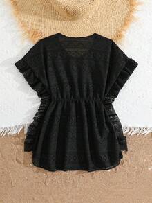 Vestido de playa con volantes de color liso para niña - Negro - Ver 2