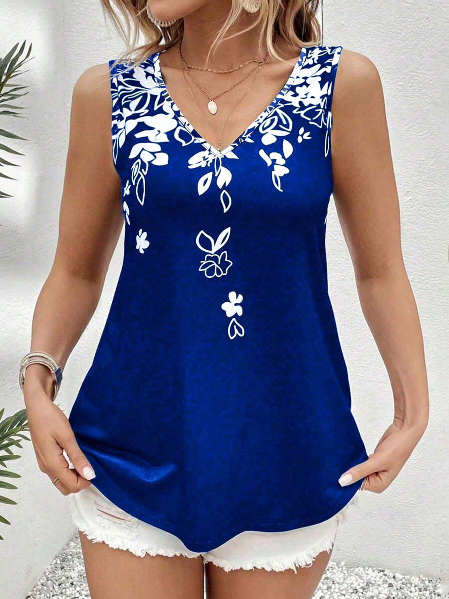 Breezaya Camiseta de tirantes con estampado floral para verano, camisetas gráficas para mujer - Azul - Ver 1