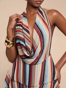 SHEIN BAE Đầm maxi nữ bằng chiffon kẻ sọc nhiều màu sắc, cổ áo choàng, hở lưng, xếp ly, gợi cảm và thanh lịch, thích hợp cho kỳ nghỉ biển, đầm maxi in họa tiết đi biển, đầm đi biển, đầm hở lưng, đầm kẻ sọc, đầm mùa hè, đầm ngày Valentine, đầm dự tiệc, đầm thanh lịch. - Nhiều màu - Xem 4