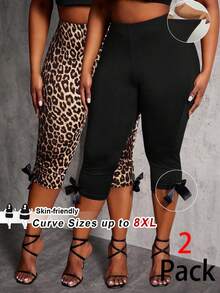 SHEIN CURVE+ 2 chiếc quần lửng cạp cao co giãn họa tiết da báo dành cho nữ cỡ lớn (có nơ trang trí) và quần lửng màu đen (có nơ trang trí) - Nhiều màu - Xem 10